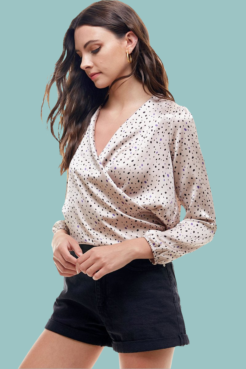 Small Dot Printed Surplice Wrap Blouse Top